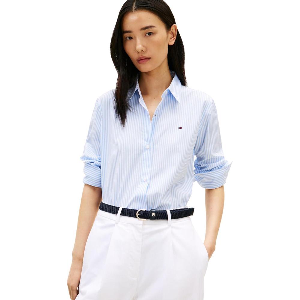 imageTommy Hilfiger Womens Oxford Long Sleeve Button Down Shirt in Regular Fit with Side DetailClassic Ithaca White Vessel Blue