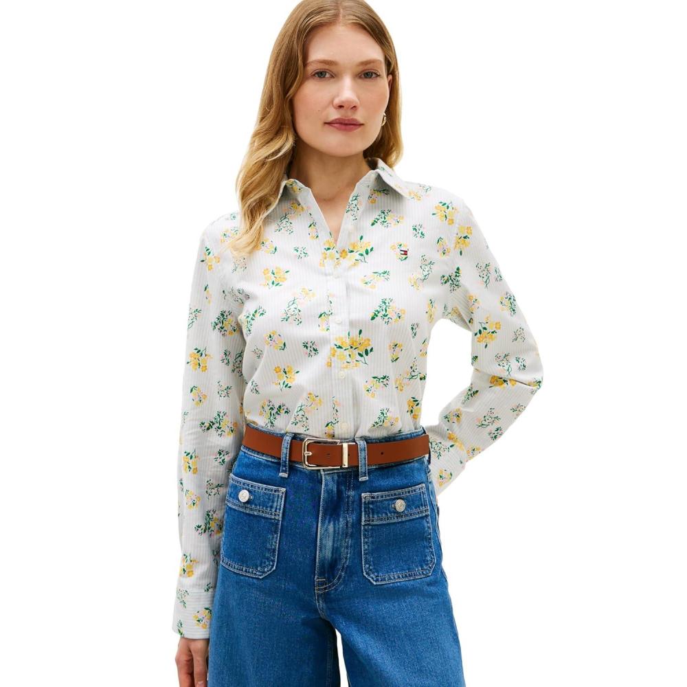 imageTommy Hilfiger Womens Oxford Long Sleeve Button Down Shirt in Regular FitTraditional Floral Stripe Bright BlueEcru