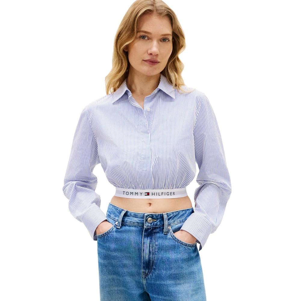 imageTommy Hilfiger Womens Poplin Cropped Long Sleeve Button Down Shirt with Elastic WaistbandMisty Lazuli Blue Stripe