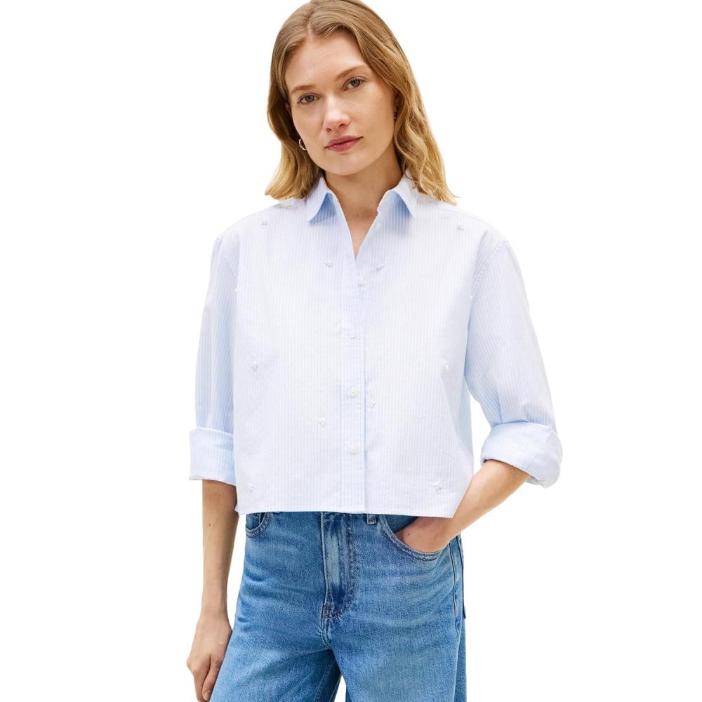 imageTommy Hilfiger Womens Poplin Cropped Long Sleeve Button Down Shirt with Pearl EmbellishmentClassic Ithaca White Vessel Blue