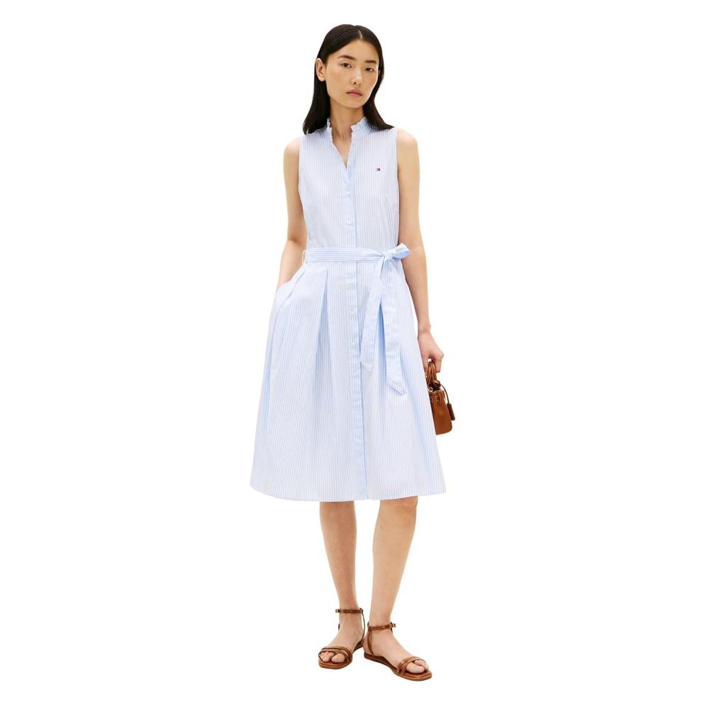 imageTommy Hilfiger Womens Poplin Frill Sleeveless Shirt DressClassic Ithaca White Vessel Blue
