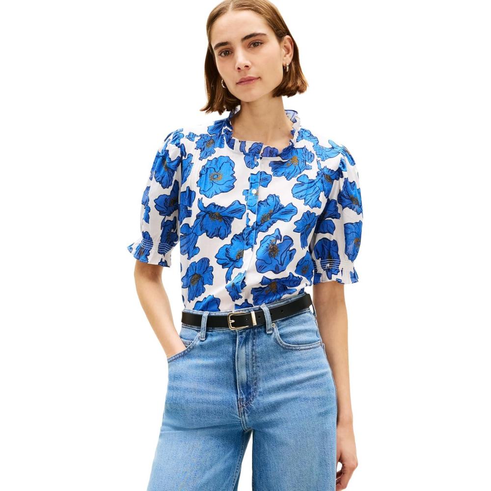imageTommy Hilfiger Womens Short Sleeve Button Down Blouse with Puff Sleeve Womens Button Down ShirtsPop Art Floral Ecru