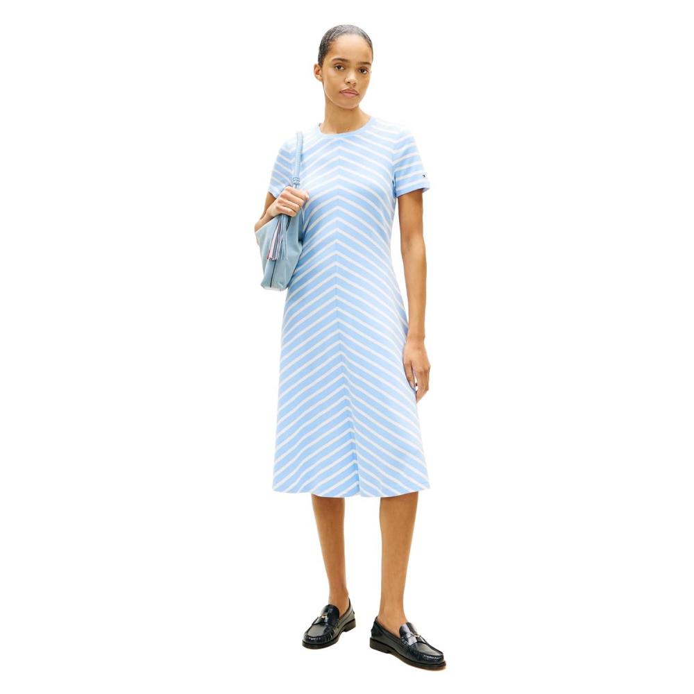 imageTommy Hilfiger Womens Short Sleeve Cotton Crew Neck TShirt Midi Dress Casual Dress Loose FitVessel Blue  Ecru Stripe