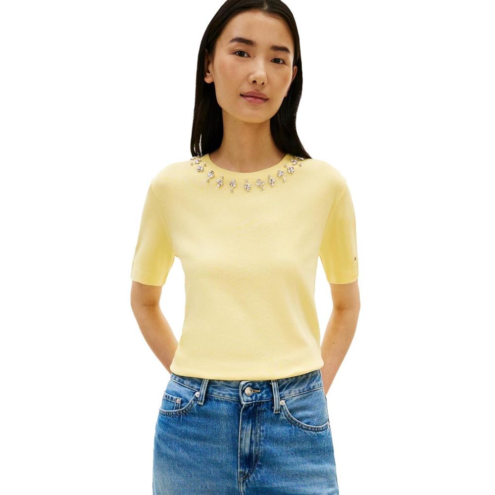 imageTommy Hilfiger Womens Short Sleeve Cotton Crew Neck TShirt with Collar EmbellishmentCitronella