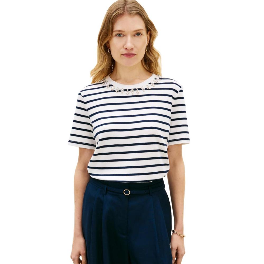 imageTommy Hilfiger Womens Short Sleeve Cotton Crew Neck TShirt with Collar EmbellishmentEcru  Dark Night Navy Stripe