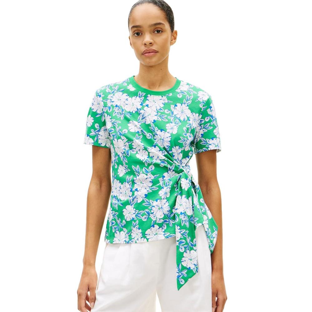 imageTommy Hilfiger Womens Short Sleeve Cotton Crew Neck TShirt with Tie Knot DetailDense Hibiscus Jade Wink