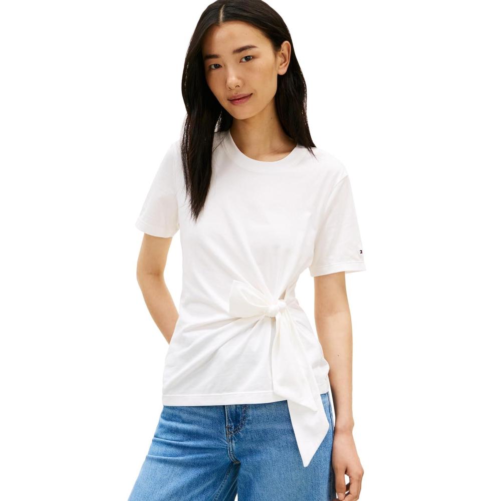 imageTommy Hilfiger Womens Short Sleeve Cotton Crew Neck TShirt with Tie Knot DetailEcru