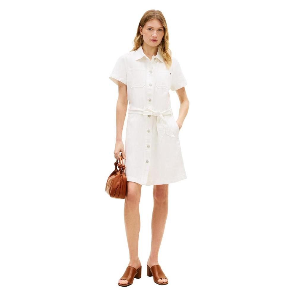 imageTommy Hilfiger Womens Short Sleeve Cotton Denim Shirt Dress with Waist Tie DetailOptic White