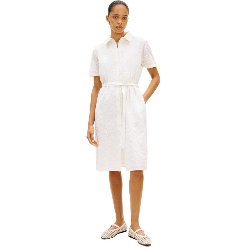 imageTommy Hilfiger Womens Short Sleeve Cotton Eyelet Dress with Waist Tie DetailEcru