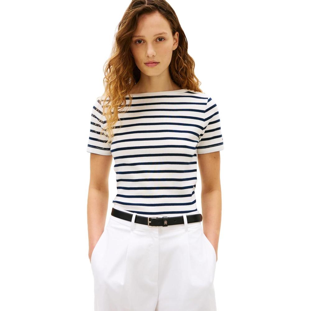 imageTommy Hilfiger Womens Short Sleeve Cotton Graphic Crew Neck TShirt with Button Embellished Shoulder DesignDark Night Navy  Ecru Stripe