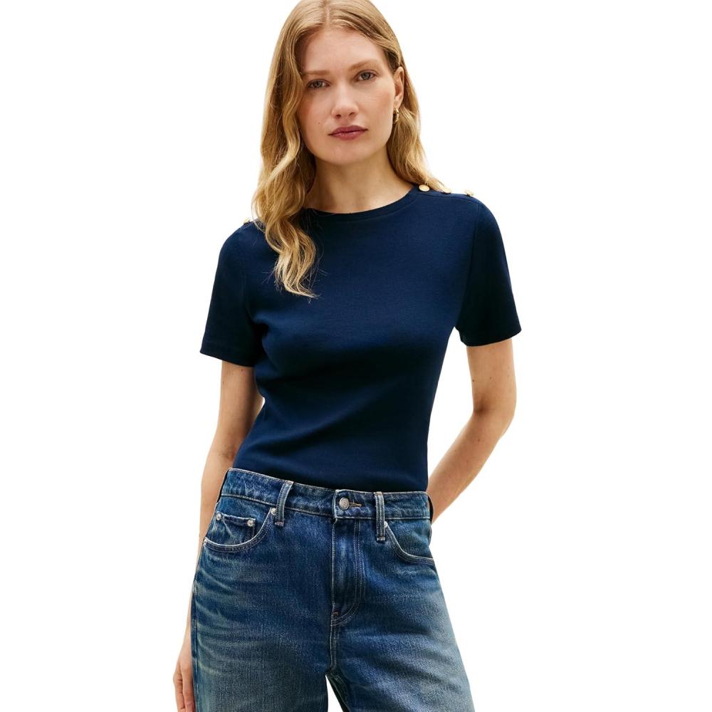 imageTommy Hilfiger Womens Short Sleeve Cotton Graphic Crew Neck TShirt with Button Embellished Shoulder DesignDark Night Navy