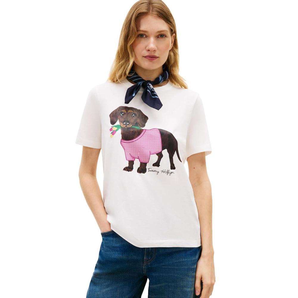 imageTommy Hilfiger Womens Short Sleeve Cotton Graphic Crew Neck TShirts with Printed Dog Graphic Dog Mom ShirtEcru Pink Perfection