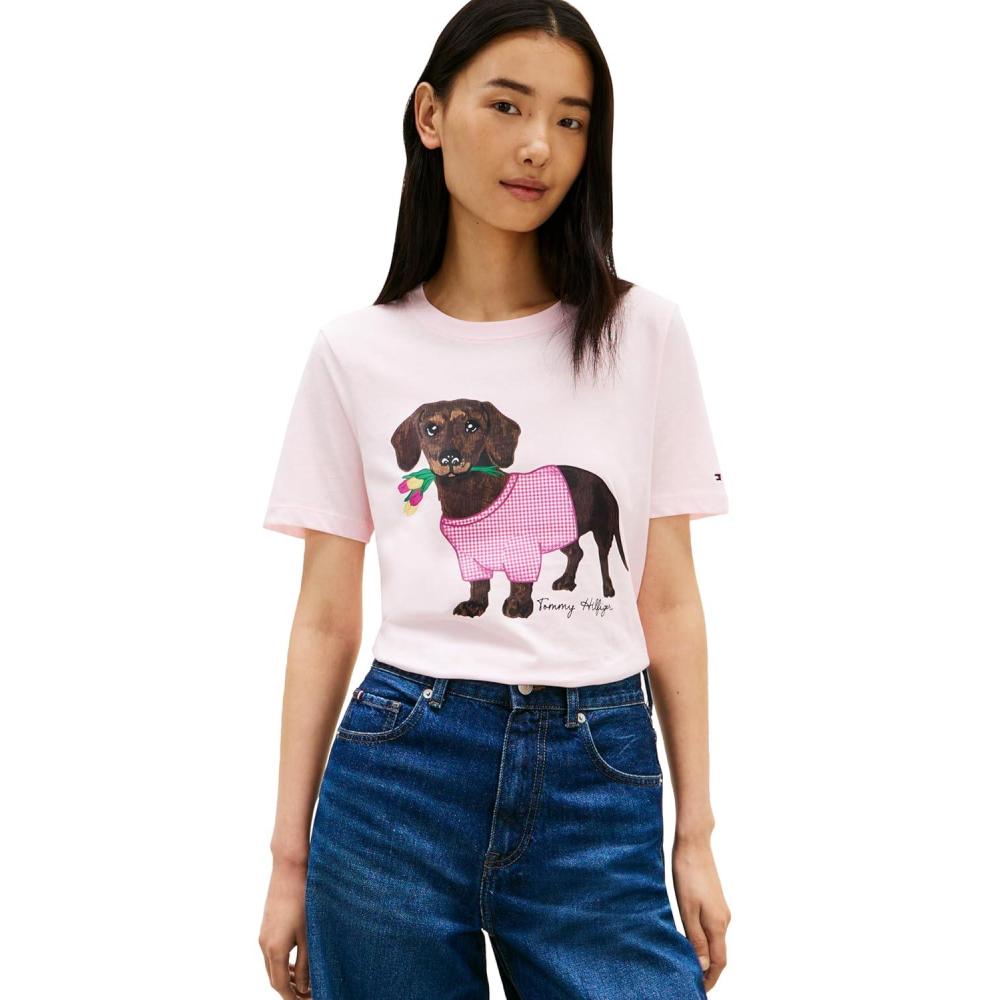 imageTommy Hilfiger Womens Short Sleeve Cotton Graphic Crew Neck TShirts with Printed Dog Graphic Dog Mom ShirtLight Pink