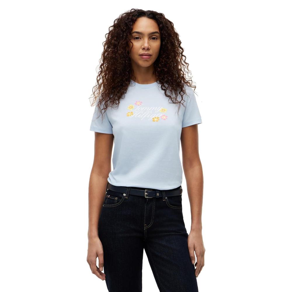 imageTommy Hilfiger Womens Short Sleeve Cotton Graphic Logo Crew Neck TShirtsBreezy Blue