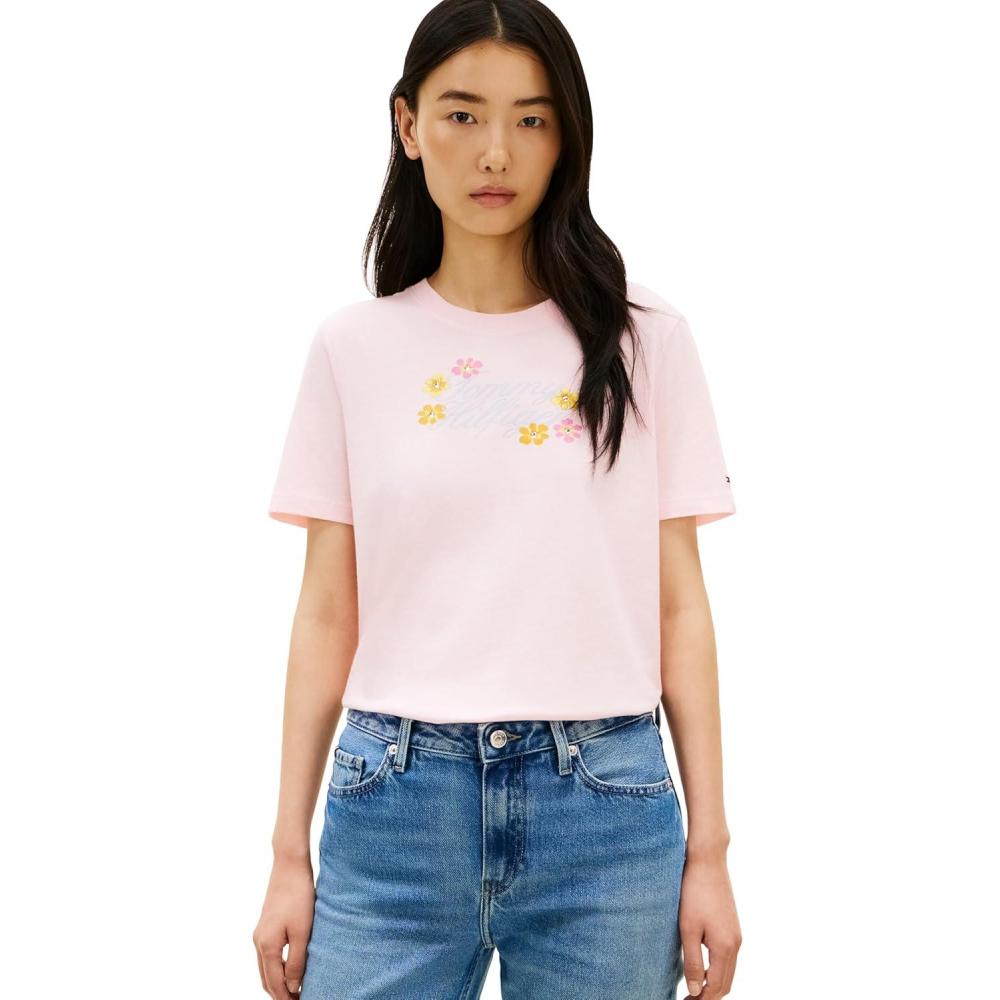 imageTommy Hilfiger Womens Short Sleeve Cotton Graphic Logo Crew Neck TShirtsLight PinkFlowers