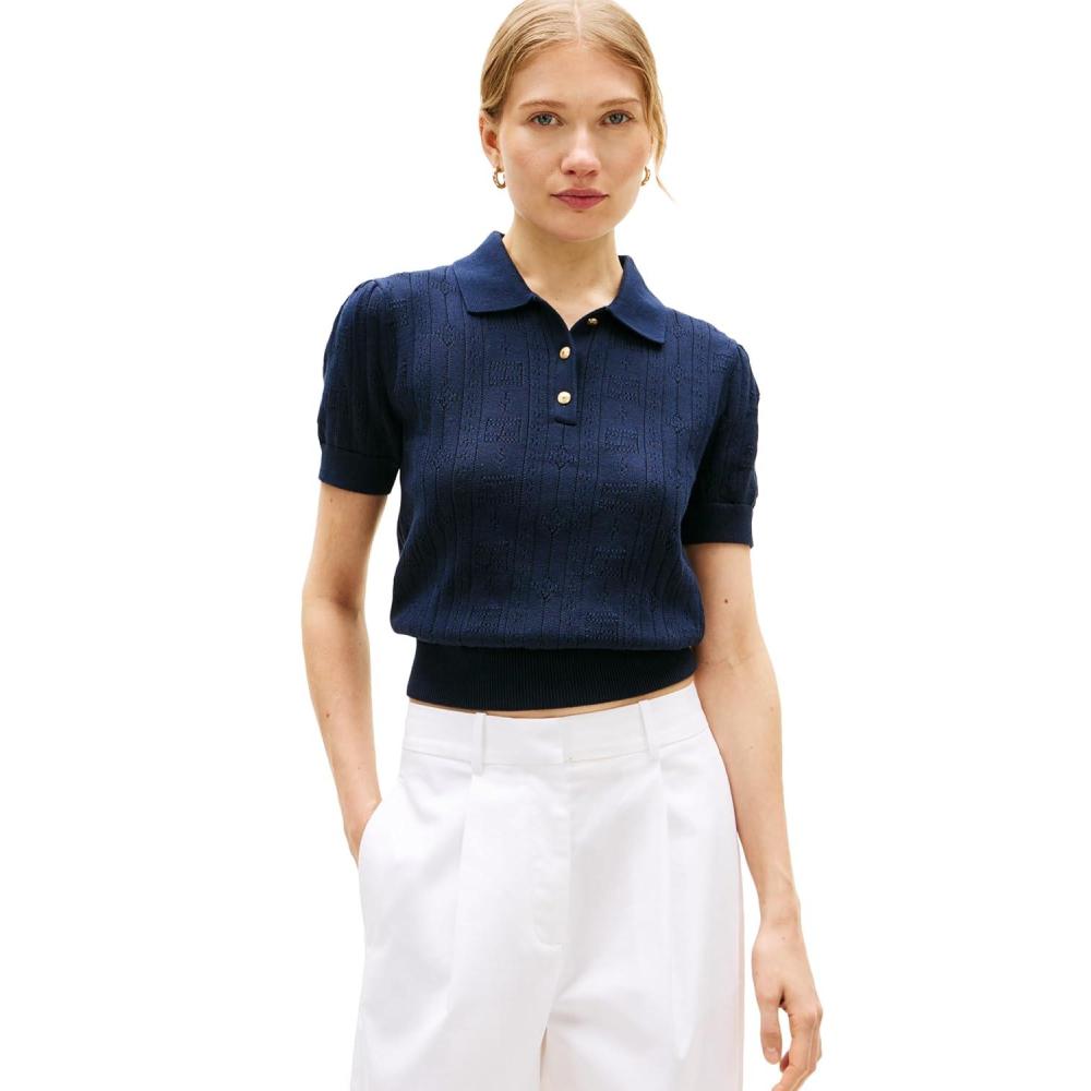 imageTommy Hilfiger Womens Short Sleeve Cotton Polo Sweater Pointelle Knit Cropped Polo Shirt with Puff SleeveDark Night Navy