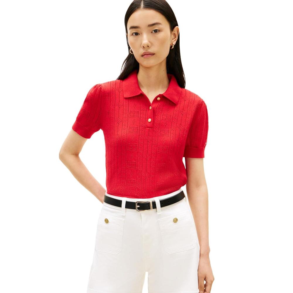 imageTommy Hilfiger Womens Short Sleeve Cotton Polo Sweater Pointelle Knit Cropped Polo Shirt with Puff SleevePrimary Red