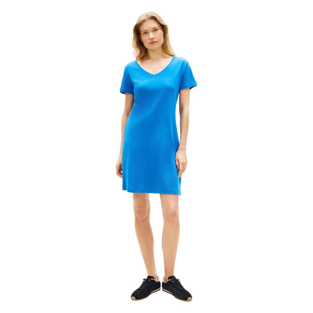 imageTommy Hilfiger Womens Short Sleeve Cotton VNeck TShirt Dress Casual Dress Loose FitBlue Orbit