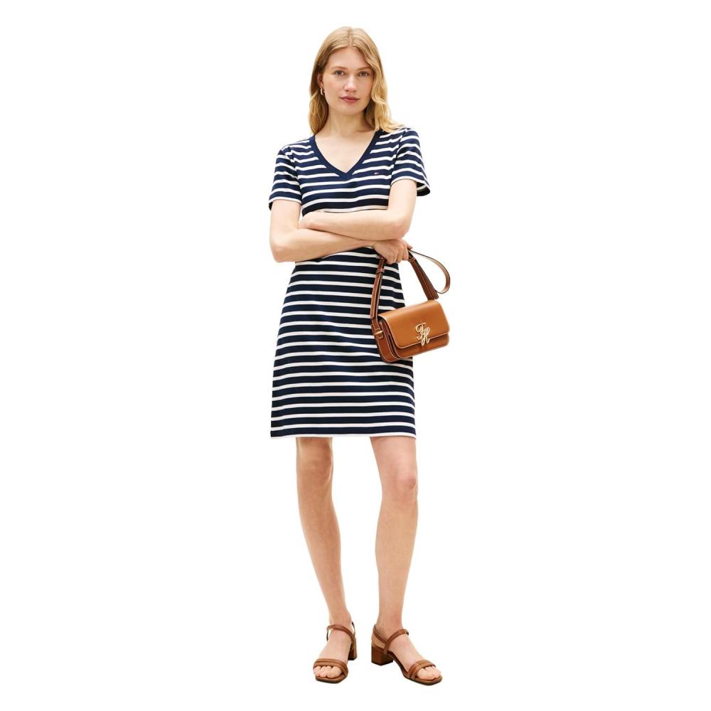 imageTommy Hilfiger Womens Short Sleeve Cotton VNeck TShirt Dress Casual Dress Loose FitDark Night Navy  Ecru Stripe