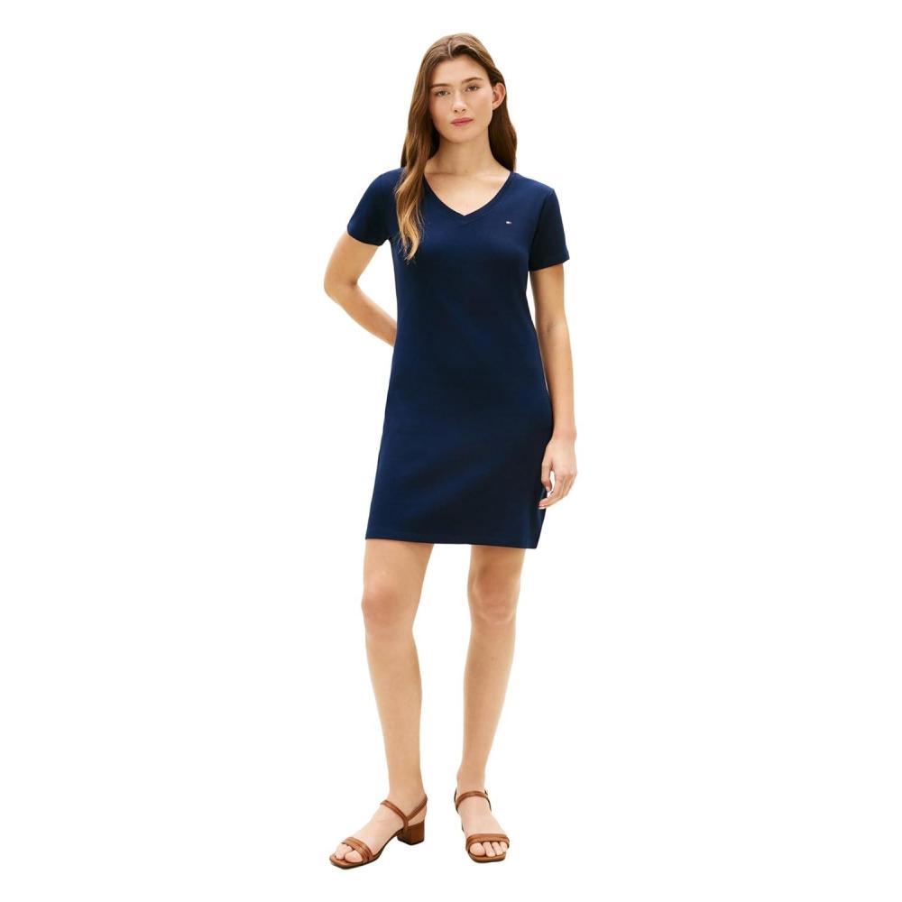 imageTommy Hilfiger Womens Short Sleeve Cotton VNeck TShirt Dress Casual Dress Loose FitDark Night Navy