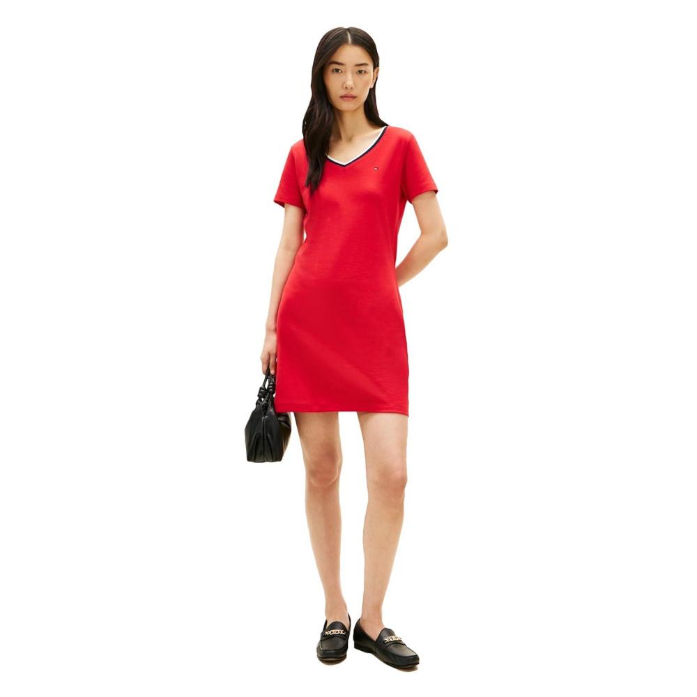imageTommy Hilfiger Womens Short Sleeve Cotton VNeck TShirt Dress Casual Dress Loose FitPrimary Red