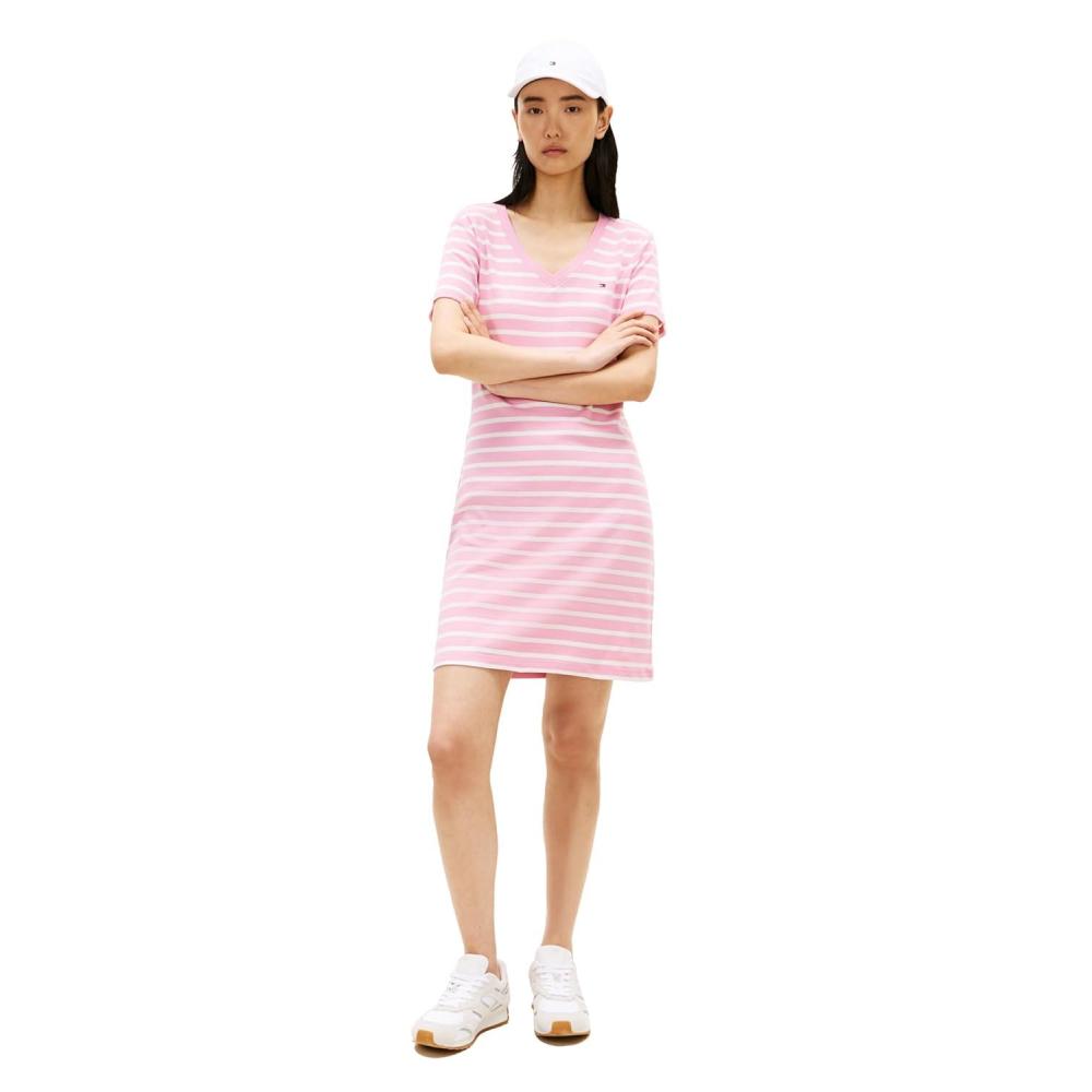 imageTommy Hilfiger Womens Short Sleeve Cotton VNeck TShirt Dress Casual Dress Loose FitRose Petal  Ecru Stripe