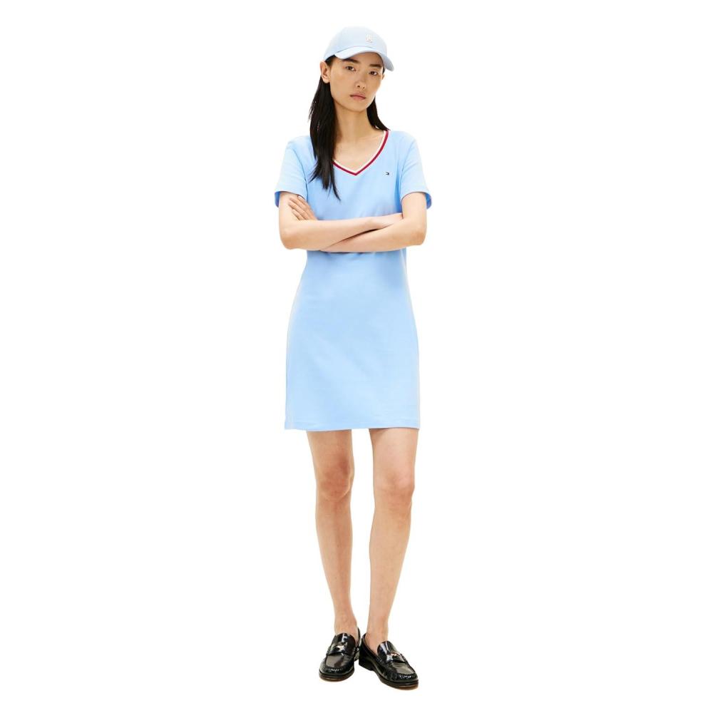 imageTommy Hilfiger Womens Short Sleeve Cotton VNeck TShirt Dress Casual Dress Loose FitVessel Blue