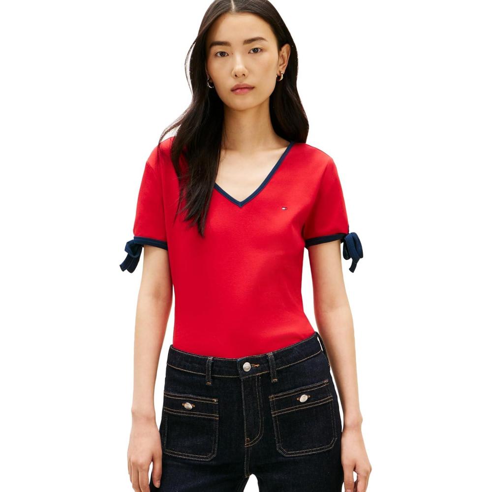 imageTommy Hilfiger Womens Short Sleeve Cotton VNeck TShirt with Bow Tie DetailPrimary Red