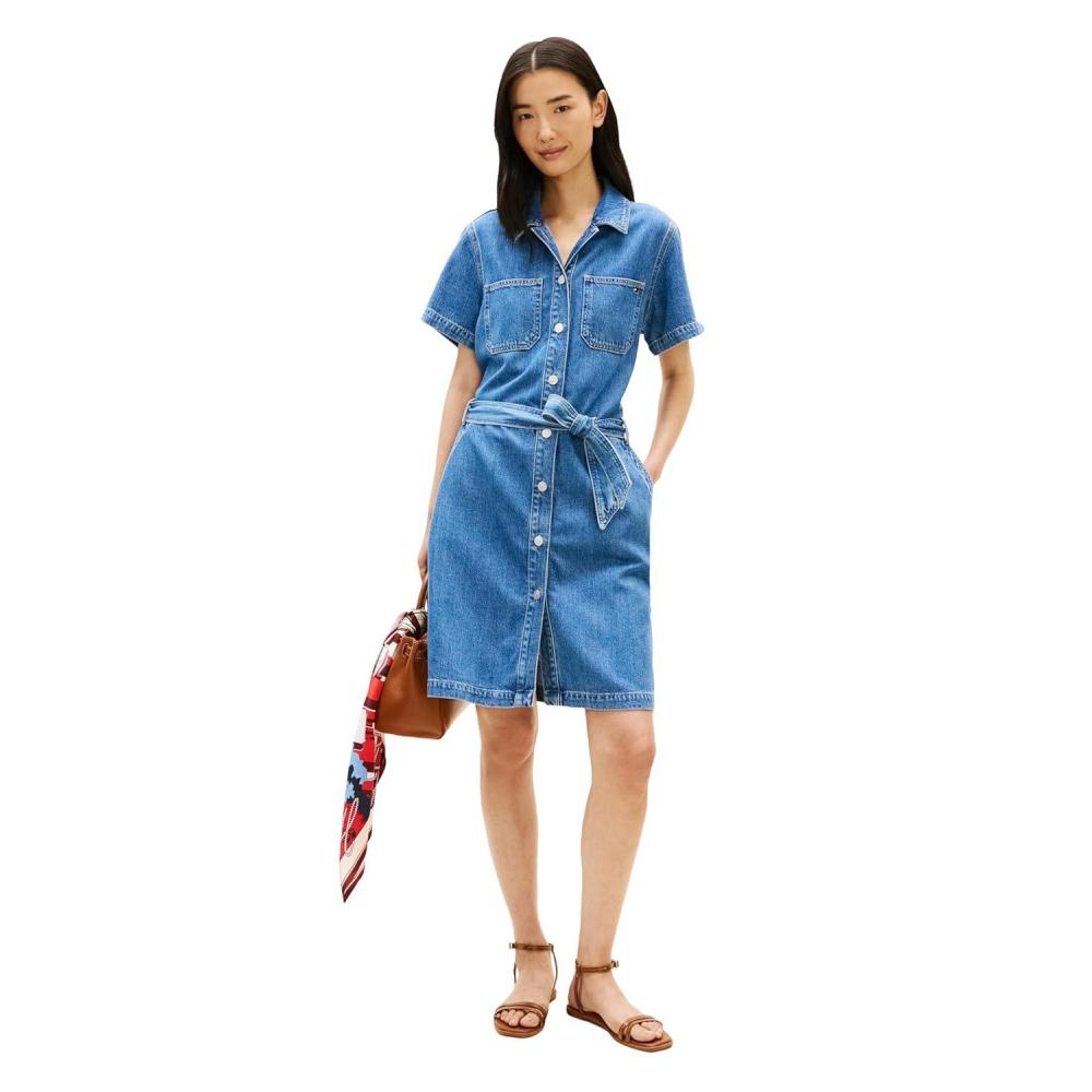 imageTommy Hilfiger Womens Short Sleeve Denim Shirt Dress with Waist Tie DetailMid Blue