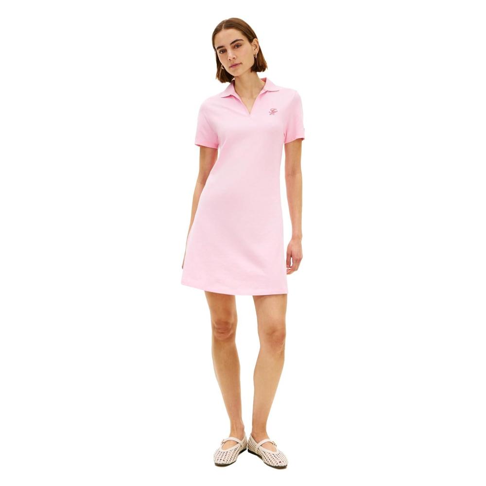 imageTommy Hilfiger Womens Short Sleeve V Neck Polo Dress Casual Tennis Dress with Script LogoClassic Pink