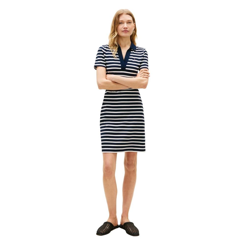 imageTommy Hilfiger Womens Short Sleeve V Neck Polo Dress Casual Tennis DressBreton Stripe Dark NightEcru