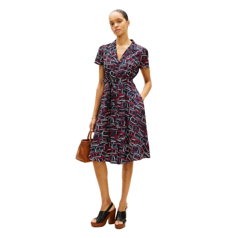 imageTommy Hilfiger Womens Short Sleeve V Neck Printed Shirt Dress Work Business Casual DressFlag Feathers Dark Night Navy Fireworks