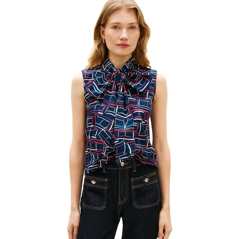 imageTommy Hilfiger Womens Sleeveless Cotton Button Down Shirt Bow Tie Detail BlouseFlag Feathers Dark Night Navy Fireworks
