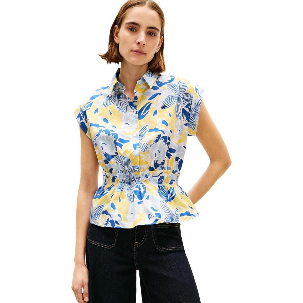 imageTommy Hilfiger Womens Sleeveless Cotton Button Down Shirt Smocked Waist Blouse Peplum TopSpring Garden Blue OrbitCitronella