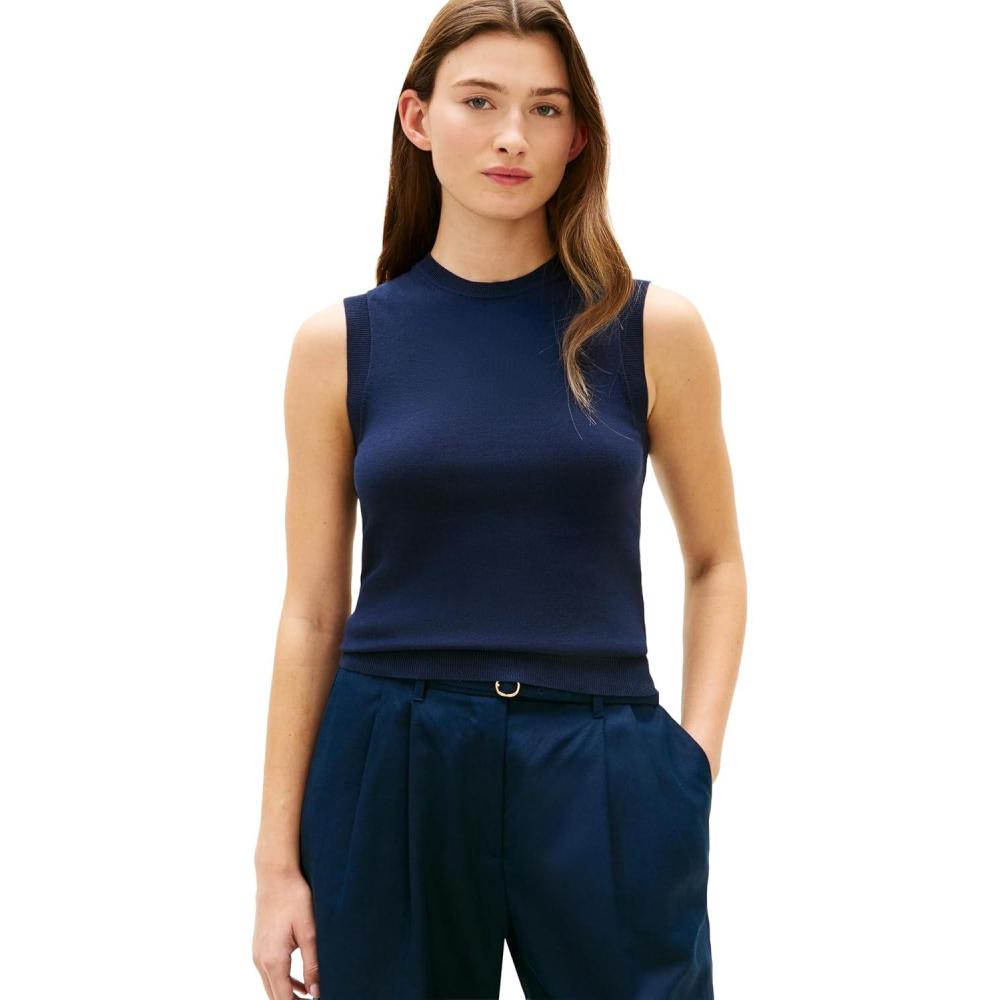 imageTommy Hilfiger Womens Sleeveless Cotton Crew Neck Sweater Knit Sweater Vest TopDark Night Navy