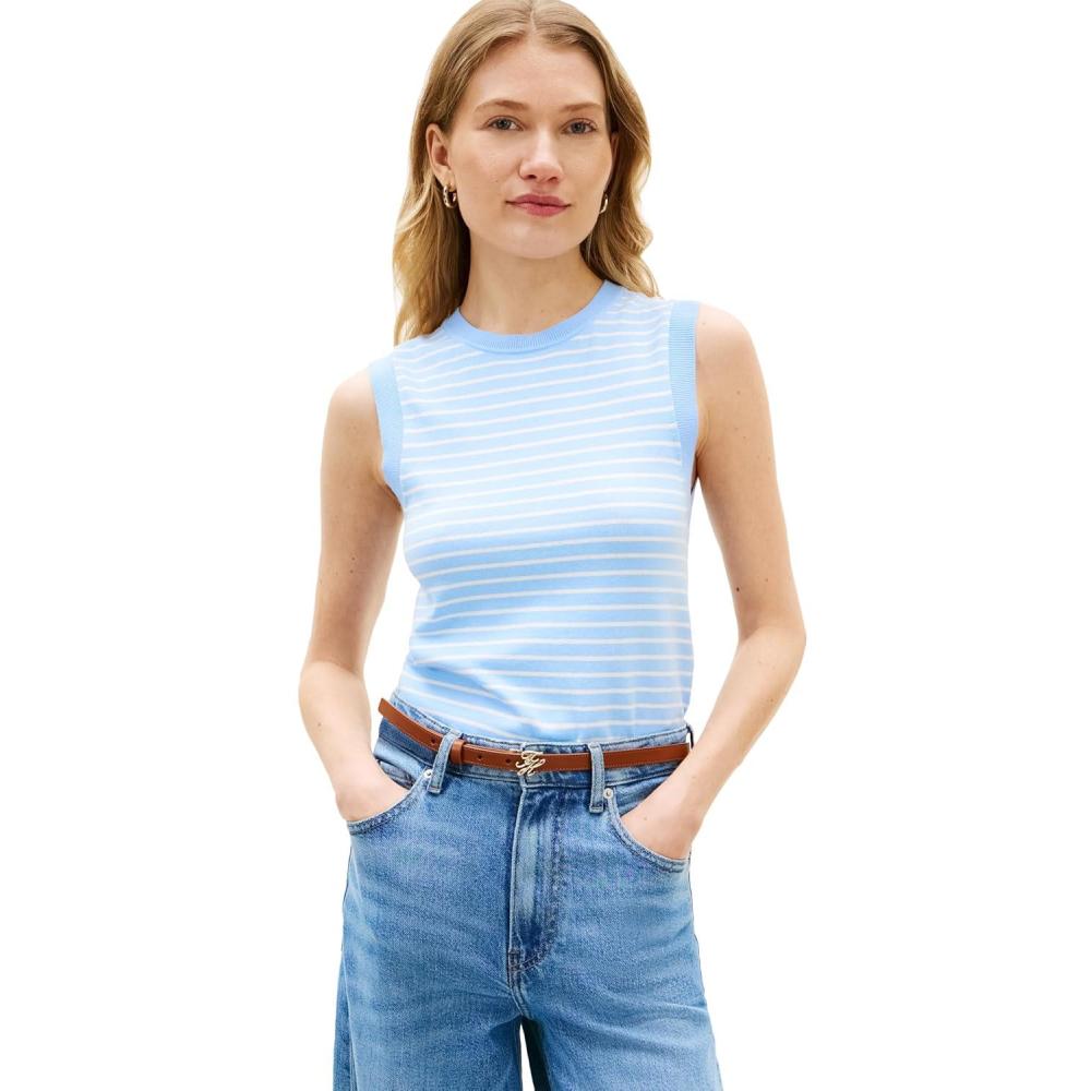 imageTommy Hilfiger Womens Sleeveless Cotton Crew Neck Sweater Knit Sweater Vest TopVessel Blue Ecru Stripe