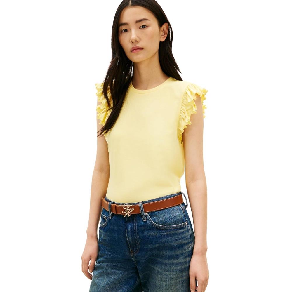 imageTommy Hilfiger Womens Sleeveless Cotton Crew Neck TShirts with Flutter SleeveCitronella