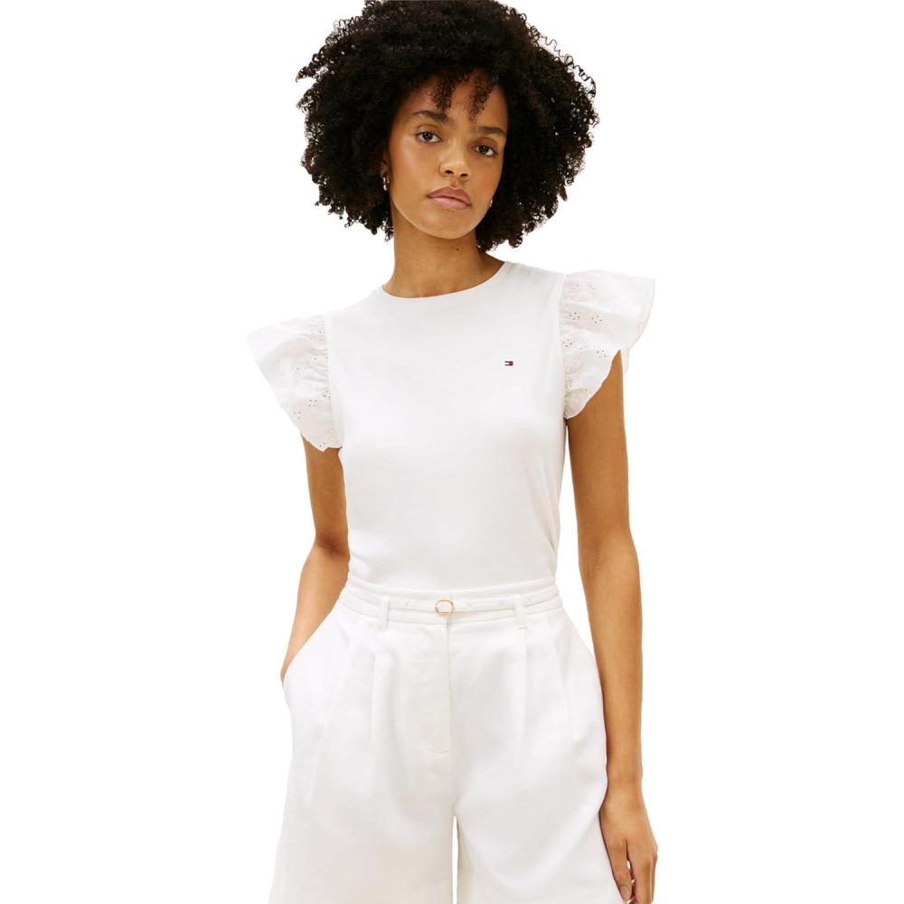 imageTommy Hilfiger Womens Sleeveless Cotton Crew Neck TShirts with Flutter SleeveEcru