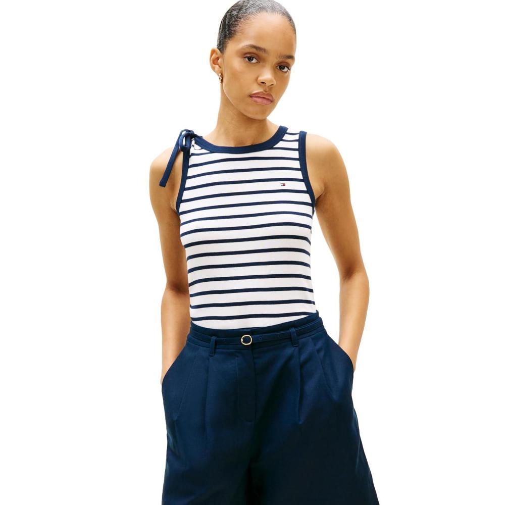imageTommy Hilfiger Womens Sleeveless Cotton Crew Neck Tank Top with Bow DetailEcru Dark Night Navy Stripe