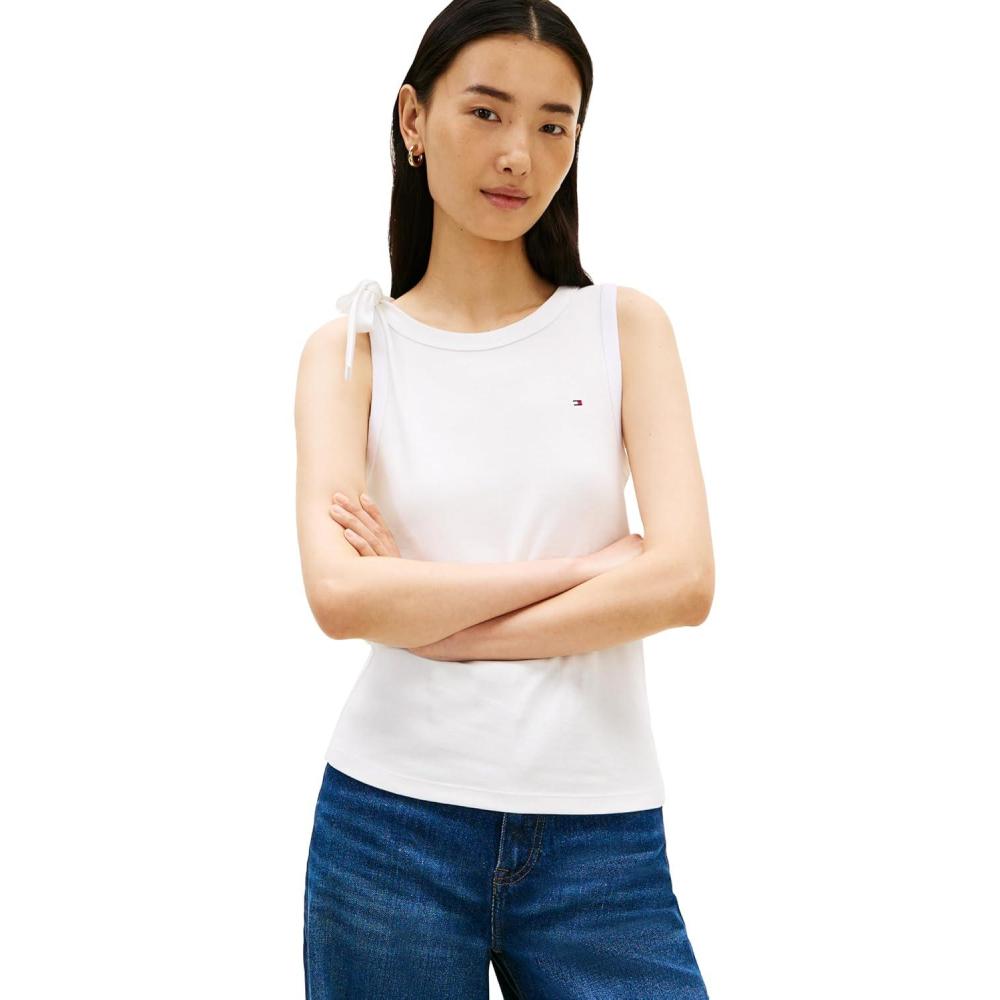 imageTommy Hilfiger Womens Sleeveless Cotton Crew Neck Tank Top with Bow DetailEcru