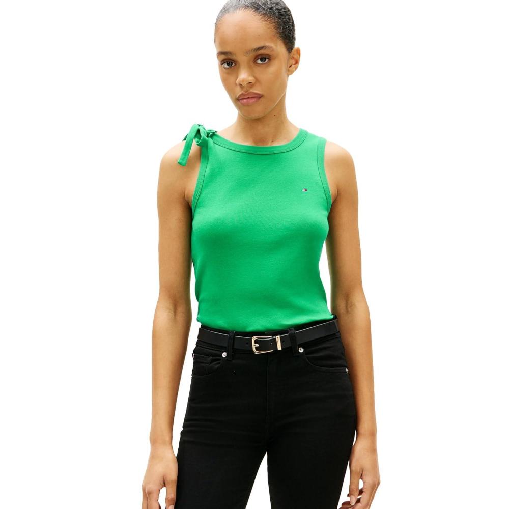 imageTommy Hilfiger Womens Sleeveless Cotton Crew Neck Tank Top with Bow DetailJade Wink