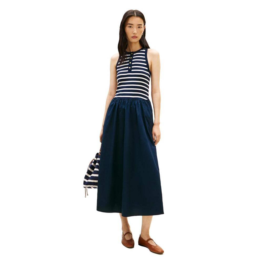 imageTommy Hilfiger Womens Sleeveless Cotton Midi Dress with Pockets and StretchBreton Stripe Dark Night Ecru