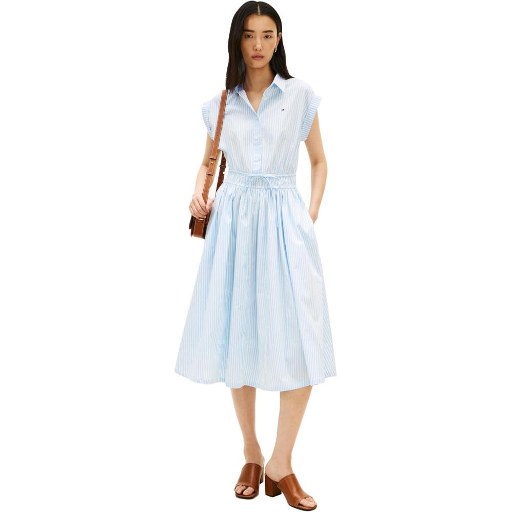 imageTommy Hilfiger Womens Sleeveless Cotton Striped Shirt Midi Dress with Elastic WaistBanker Stripe Vessel Blue White