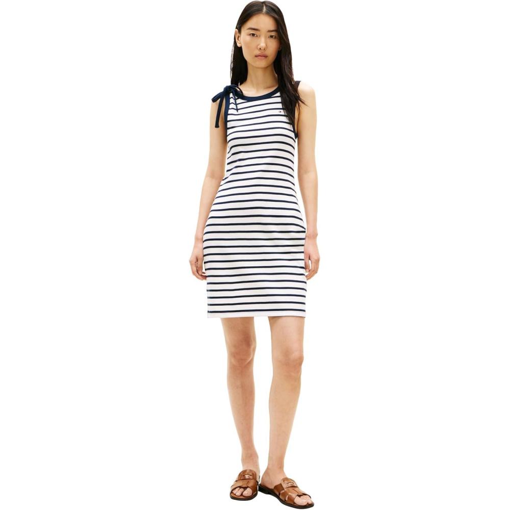 imageTommy Hilfiger Womens Sleeveless Cotton TShirt Dress with Bow Detail Casual DressEcru Dark Night Navy Stripe