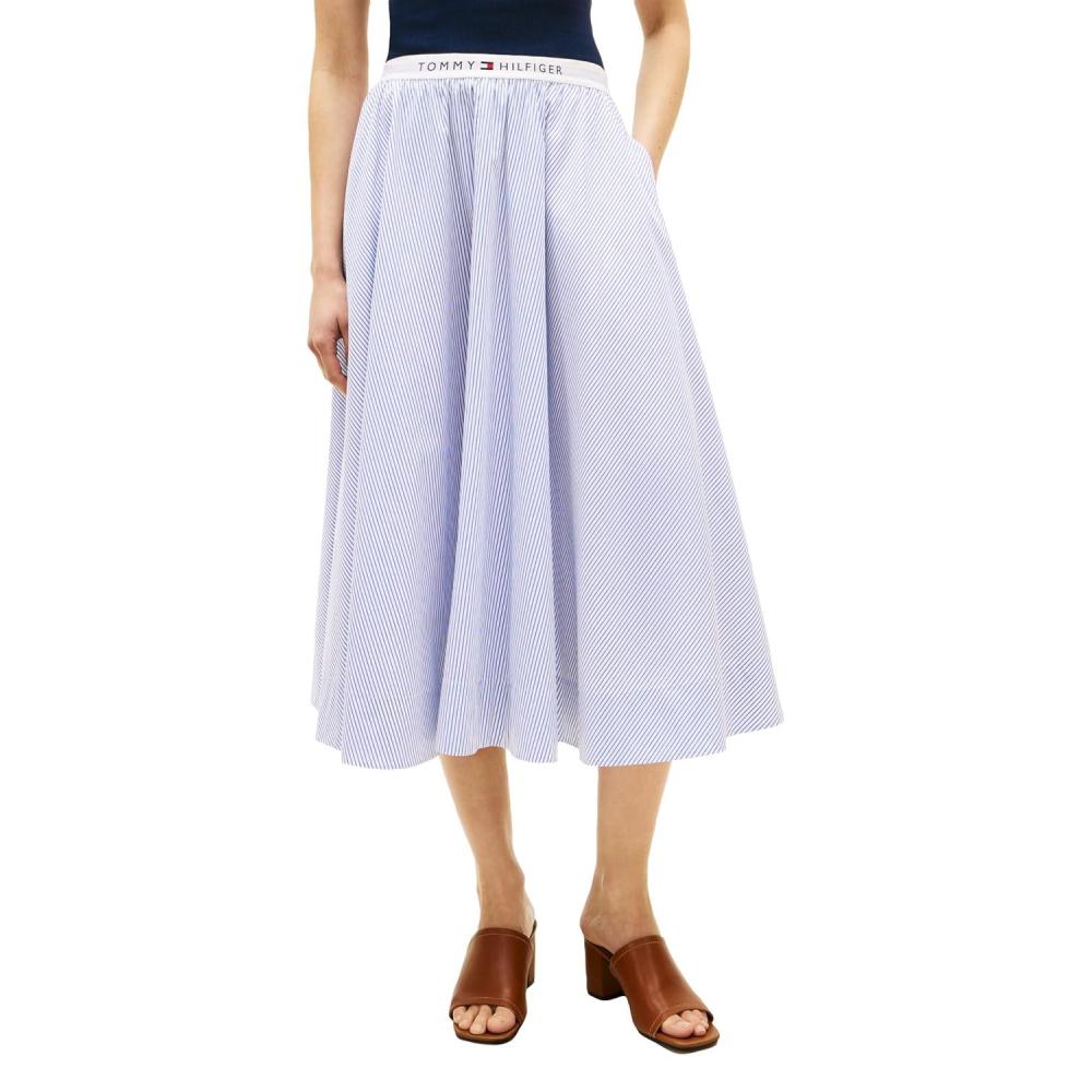 imageTommy Hilfiger Womens Striped Cotton Midi Skirt with Elastic WaistMisty Lazuli Blue Stripe