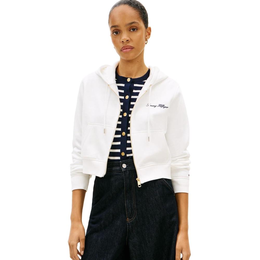 imageTommy Hilfiger womens Cropped Full Zip Up Hoodie SweatshirtEcru