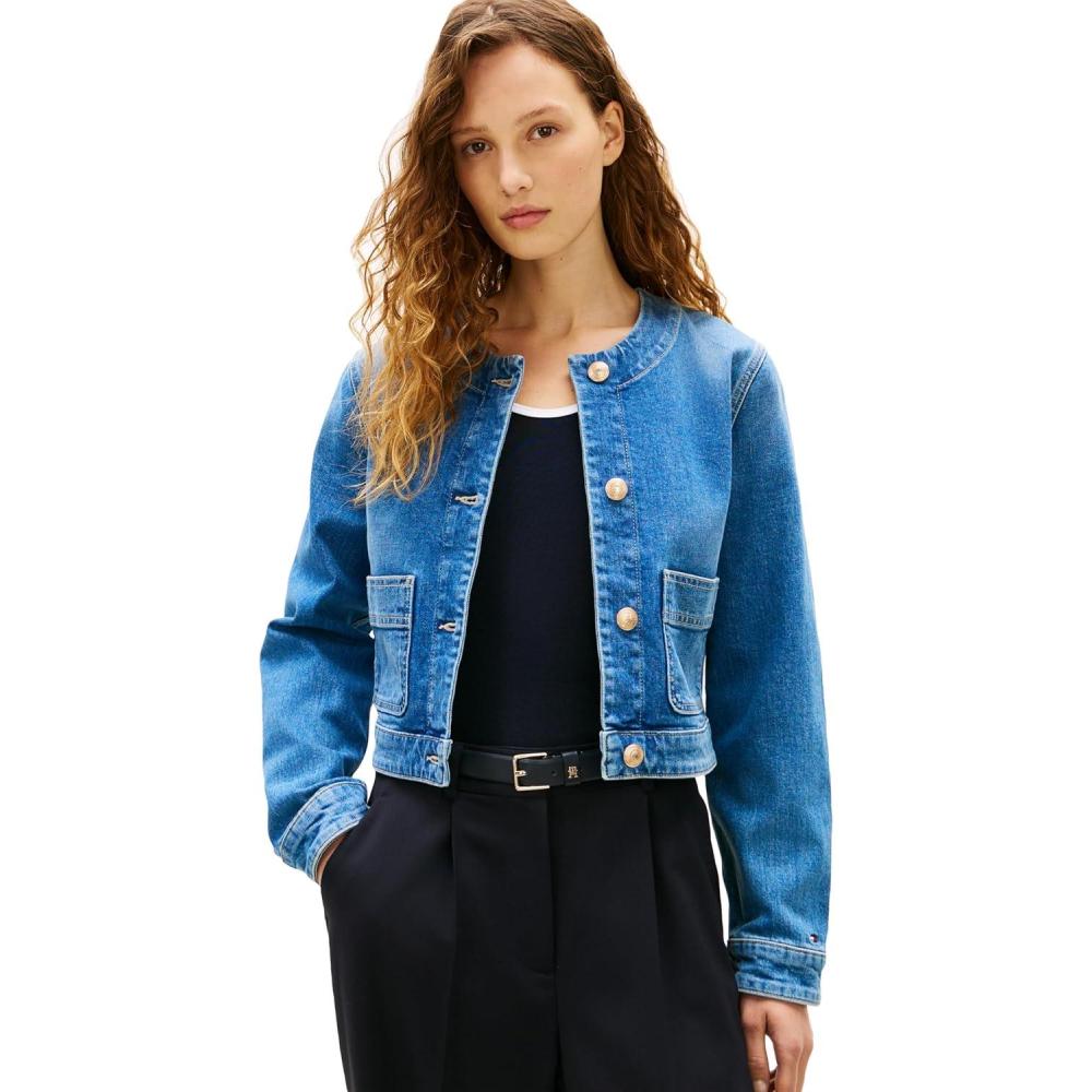 imageTommy Hilfiger womens Denim Jacket Lightweight Collarless Button Down Jean JacketMid Blue