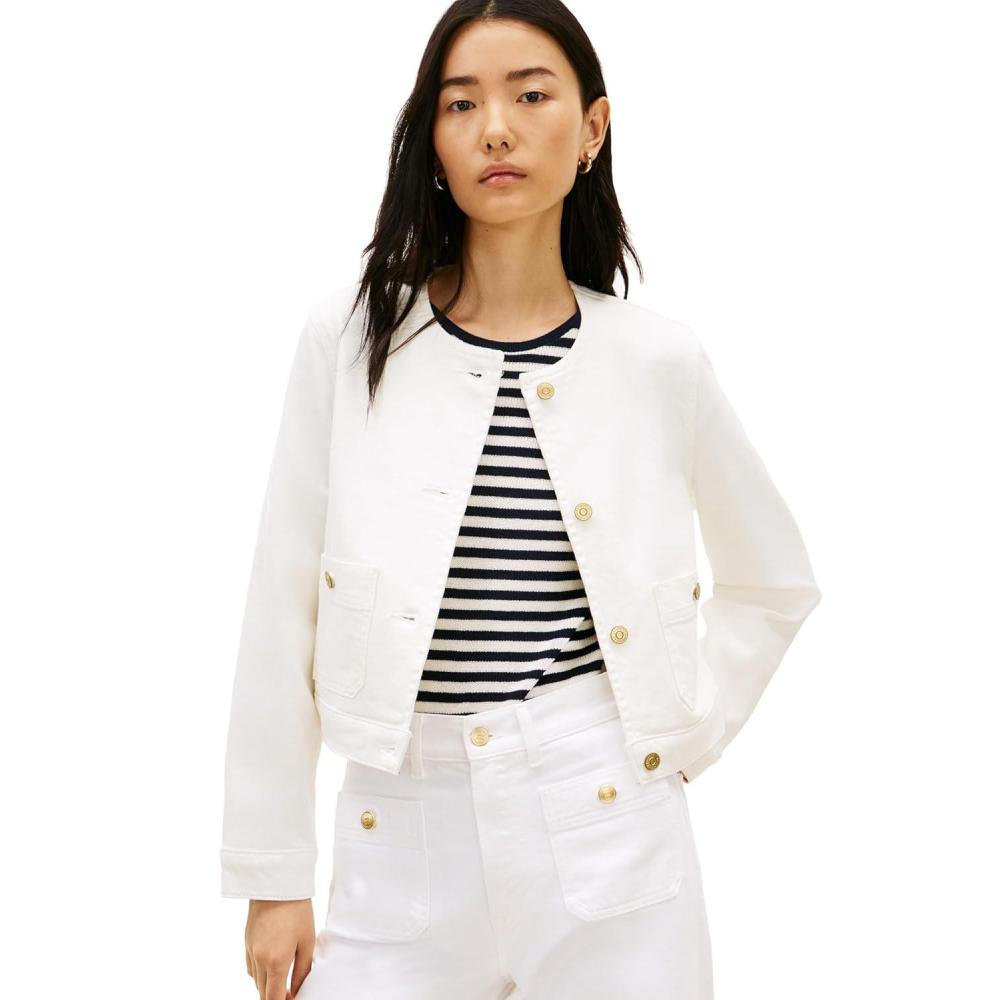 imageTommy Hilfiger womens Denim Jacket Lightweight Collarless Button Down Jean JacketOptic White