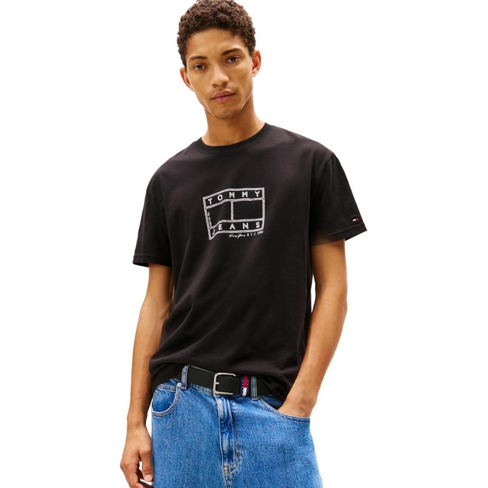 imageTommy Jeans Mens Short Sleeve Cotton Graphic TShirts with Printed Distressed Flag LogoBlack