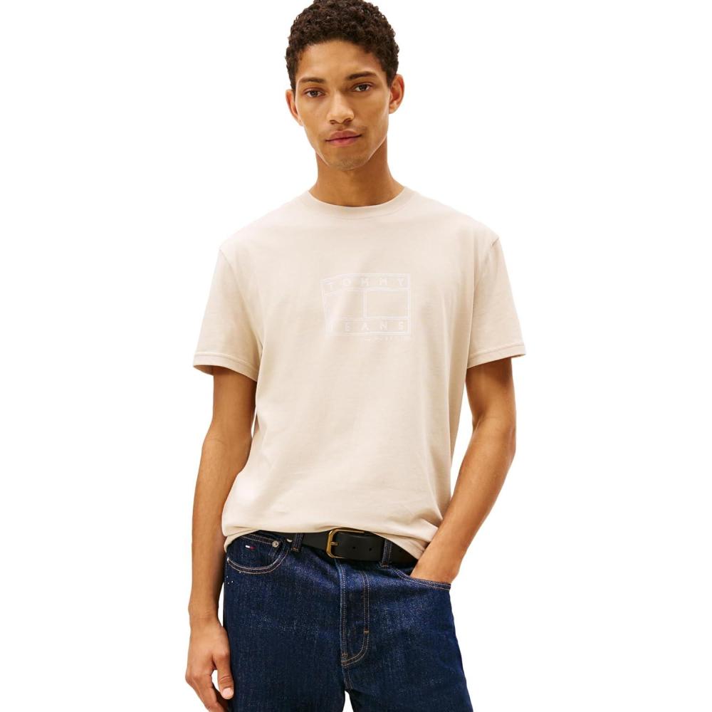 imageTommy Jeans Mens Short Sleeve Cotton Graphic TShirts with Printed Distressed Flag LogoGulf Sand
